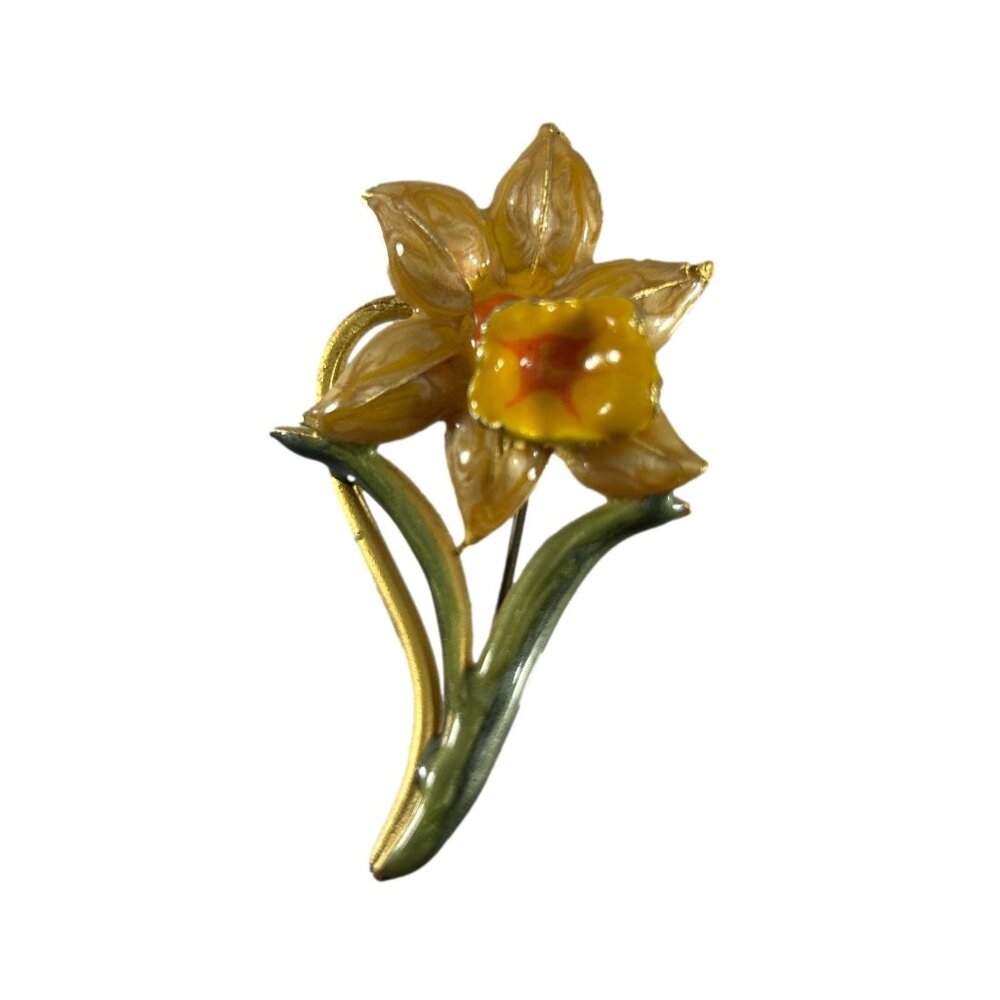 Metal Enamel Yellow Green Brooch Pin 2.5" Long Summer Spring Flower